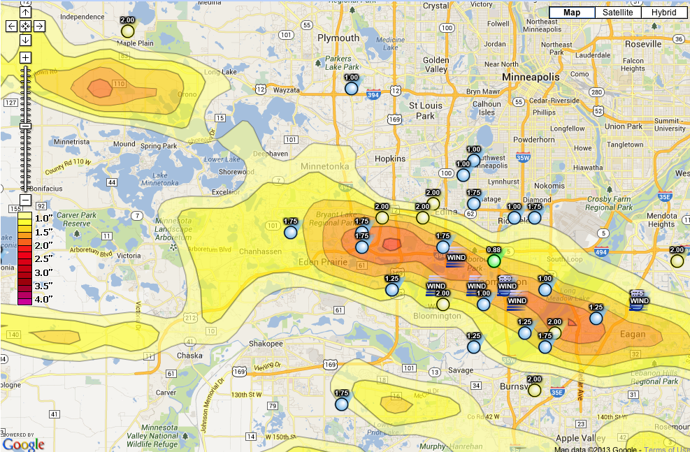 Map showing hail storm path in Minneapolis